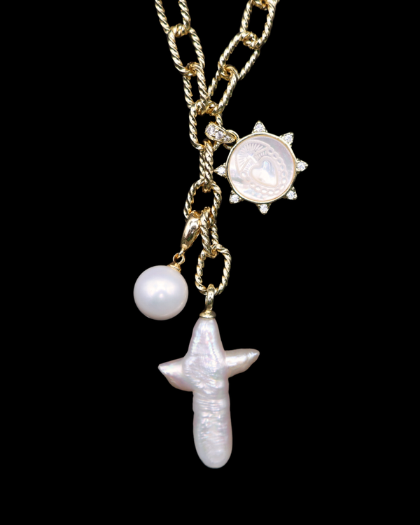 Sacred Heart Pearl Cross Necklace